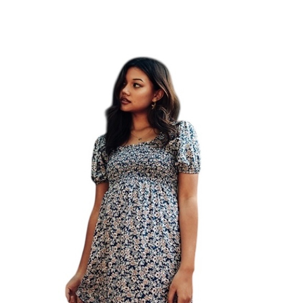 Dee Elly Blue Floral Smocked Puff Sleeve Mini Dress – Size M